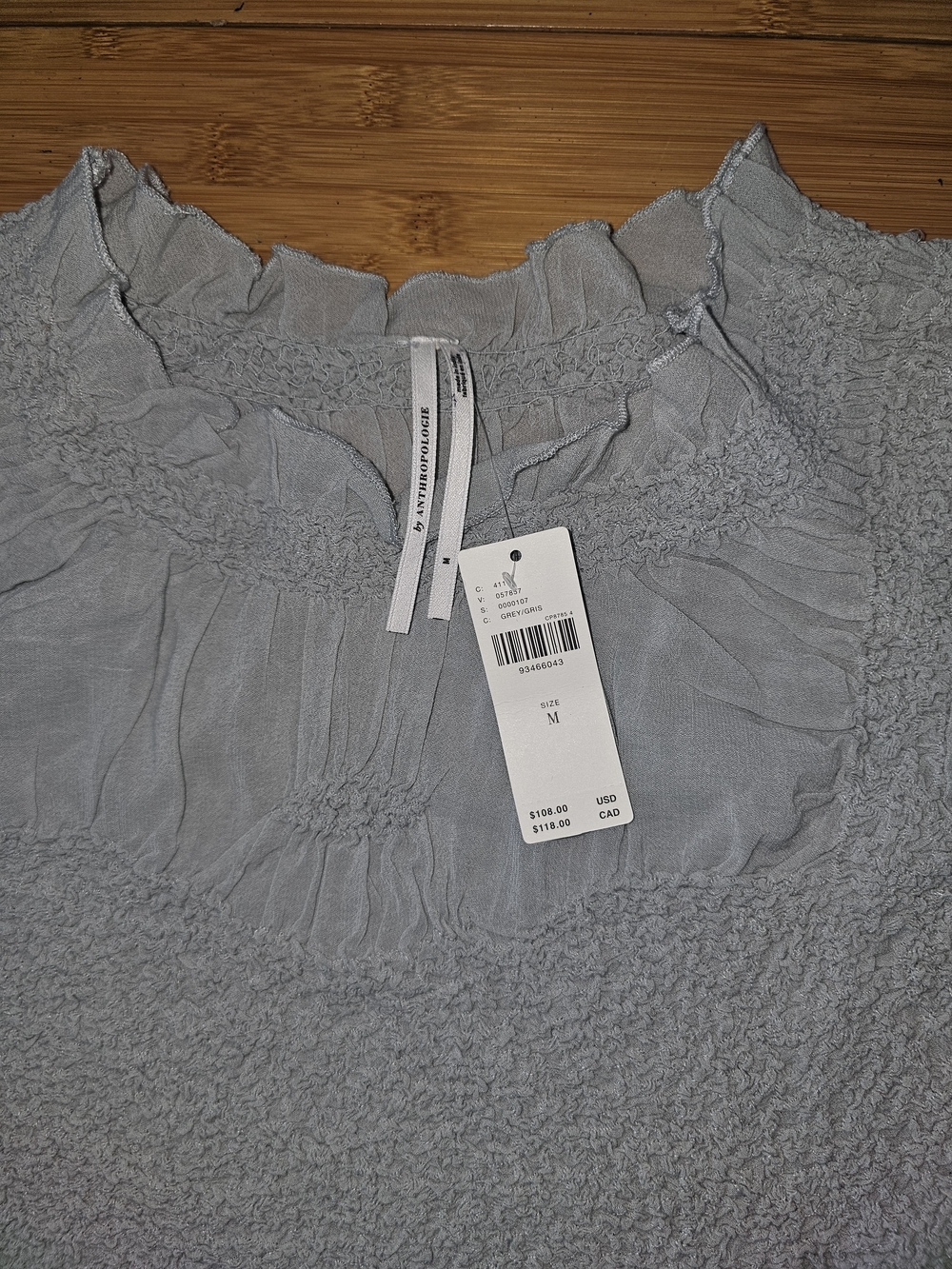 NWT Anthroplogie Smocked Ruffle Hem Long-Sleeve Top in Light Gray/Green - Picture 5 of 8